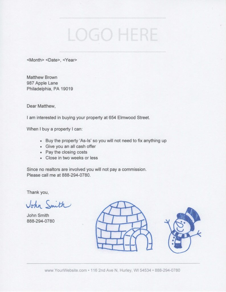 Investor – Cash Buyer – with Bullet Points – Igloo and Snowman doodle