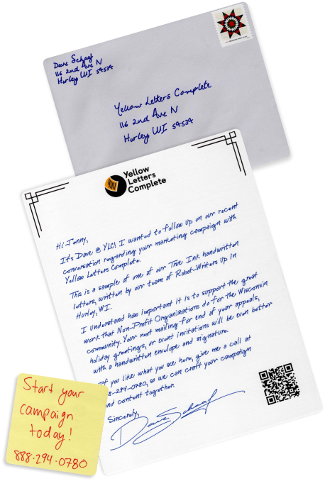 Personalized Marketing Letter From Yellow Letters Complete Featuring Handwritten Message, Envelope, And Qr Code With Call To Action For Starting A Campaign, Including Contact Information