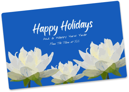 Happy Holidays And New Year Greeting Card With White Flowers And Blue Background