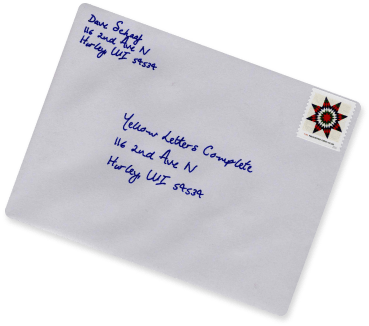 Envelope Addressed To Yellow Letters Complete, Handwritten Address With Blue Ink.
