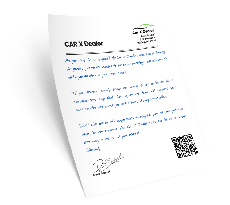 Handwritten letter from Car X Dealer offering a complimentary car appraisal for trade-ins, featuring the dealership's logo, contact information, and QR code.