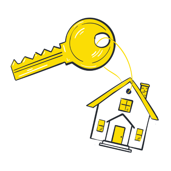 Illustration Of A Yellow Key With A House-Shaped Key Tag, Representing Real Estate Services Or Home Unlocking Solutions
